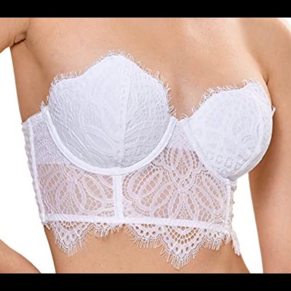 White lace, strapless bra.